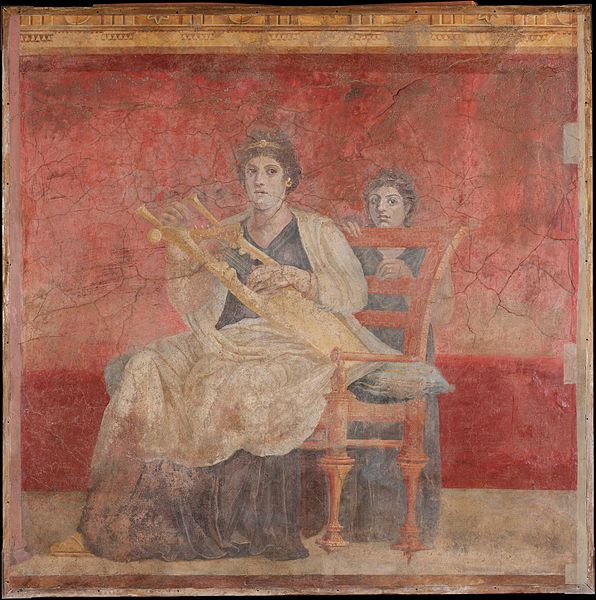 A seated woman in a fresco from the Roman Villa Boscoreale, dated mid-1st century BCE, that likely represents Berenice II of Ptolemaic Egypt wearing a
