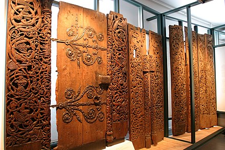 Decorative panels and door from a stave church (13th century), presumably reflecting viking heritage, Bergen museum.