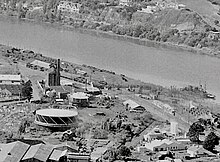 Whanganui gas works, showing a collier at the jetty, the coal conveyor, works and gas holders in 1955 Wanganui, closeup of the Wanganui Public Hospital.jpg