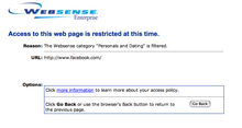 Screenshot of Websense blocking Facebook in an organization where it has been configured to block a category named "Personals and Dating" Websense blocking Facebook.png