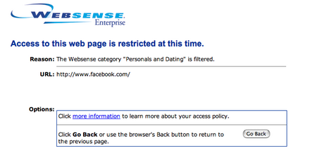 Screenshot of Websense blocking Facebook in an organization where it has been configured to block a category named "Personals and Dating"