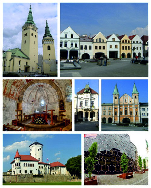 Top: Žilina Holy Trinity Cathedral, Mariánske námestie with burgher heritage houses in Mariánske Square, Middle: An inside view of Žilina St.Stephen C