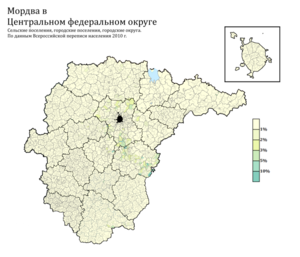 Расселение мордвы в ЦФО по городским и сельским поселениям в %, перепись 2010 г.