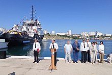 Ensign raising ceremony in honor of the renaming of SB-739 for rescuer Vasily Bekh on June 12, 2021 Tseremoniia pod'ioma flaga na spasatel'nom buksire <<Spasatel' Vasilii Bekh>>.jpg