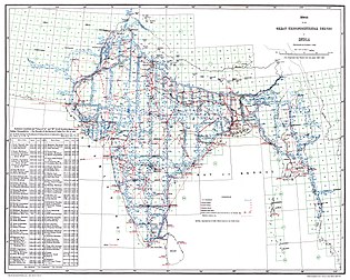 Index de la Great Trigonometrical Survey daté de 1922, indiquant les différentes chaînes de triangulation à travers le territoire indien. (définition réelle 5 560 × 4 448)