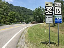 View south along US 52 Alt. and north along WV 16 in Welch 2017-07-22 13 15 40 View south along U.S. Route 52 Alternate and north along West Virginia State Route 16 (Riverside Drive) at Lake Drive in Welch, McDowell County, West Virginia.jpg