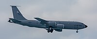 A KC-135R Stratotanker, tail number 57-1439, on final approach at Kadena Air Base in Okinawa, Japan in March 2020. It is assigned to the 22nd Air Refueling Wing and the 931st Air Refueling Wing at McConnell Air Force Base in Wichita, Kansas.