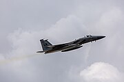 An F-15C Eagle, tail number 86-0166, taking off from RAF Lakenheath in England. The aircraft was assigned to the 493rd Fighter Squadron.