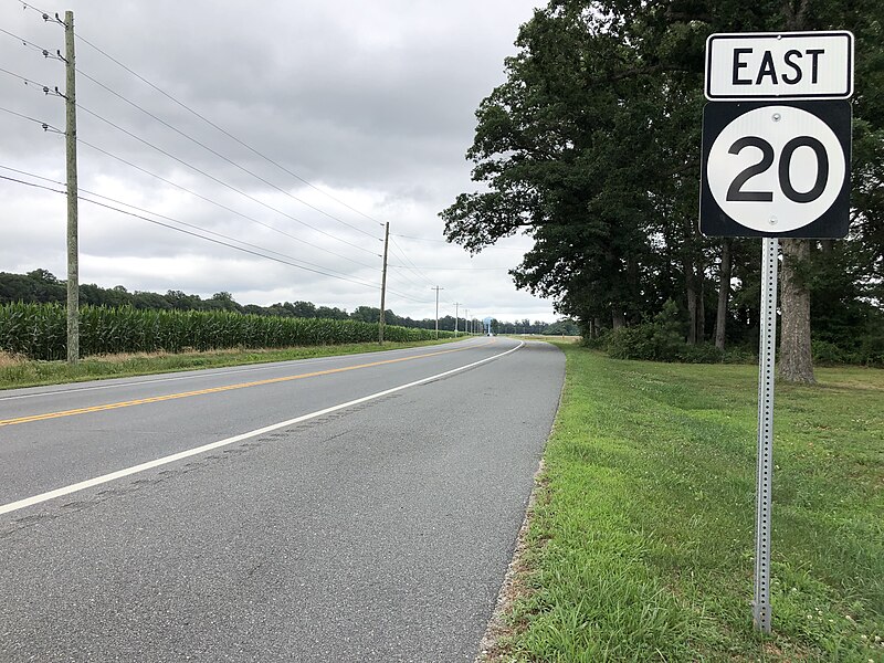 File:2022-07-07 17 01 32 View east along Delaware State Route 20 (Hardscrabble Road) at Godwin School Road in Millsboro, Sussex County, Delaware.jpg