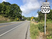 US 209 southbound in Chestnuthill Township 2022-08-08 09 22 32 View south along U.S. Route 209 just south of McIlhaney Road and Old Route 115 in Chestnuthill Township, Monroe County, Pennsylvania.jpg