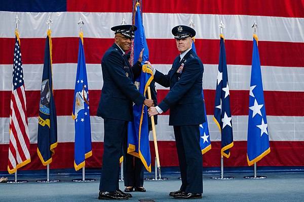 Gen Thomas A. Bussiere (right) assumes command of AFGSC on 7 December 2022.