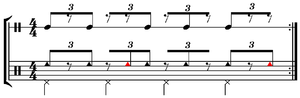 Triple-pulse rumba clave written as triplets in
4 Play . Note that the standard bell pattern is the clave but with and pickups before the first and third notes, and the hi-hat marks the main beats (quarter-notes). 6-8 clave in 4-4.png