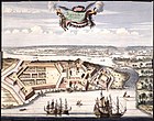 Het Portugese Negombo in vogelvlucht op een prent van ca. 1666, met vermoedelijk overdreven vestingwerken