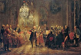 Federico Guillermo II de Prusia ameniza él mismo la velada en el palacio de Sanssouci. Pintura de historia de Adolph von Menzel.