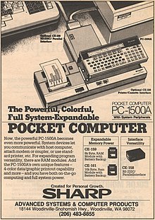 An advertisement for the Sharp PC-1500A from the Puget Sound ComputerUser. Advanced Systems & Computer Products - Sharp PC-1500A - May 1987 Puget Sound ComputerUser advert.jpg