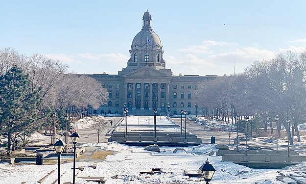 Alberta Legislature Building and plaza during spring melt