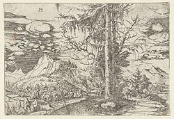 Albrecht Altdorfer - Pejzaĝo kun Double Spruce (Rijksmuseum RP-P-OB-2980).jpg