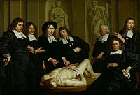 Anatomy lesson of Dr. Frederik Ruysch. 1670. oil on canvas medium QS:P186,Q296955;P186,Q12321255,P518,Q861259 . 168 × 244 cm (66.1 × 96 in). Amsterdam, Amsterdams Historisch Museum.