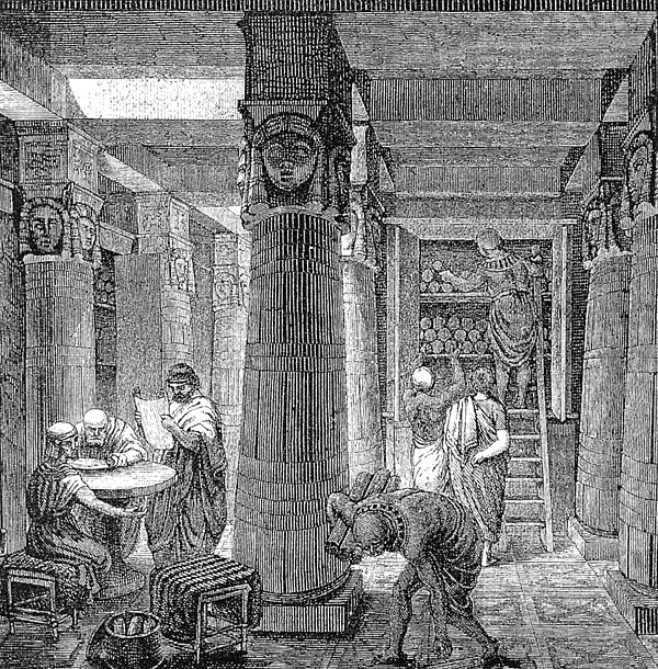 Nineteenth-century artistic rendering of the Library of Alexandria by the German artist O. Von Corven, based partially on the archaeological evidence 