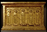 Münster zu Basel — Antependium (devant d'autel) provenant de la cathédrale de Bâle, vers 1020. Dimensions : Hauteur : 120 cm Largeur : 177,5 cm Profondeur : 13 cm. Bois recouvert d'or, pierres précieuses. Musée national du Moyen-Âge de Cluny, Paris. Inv : Cl. 2350. --- modified img of the above by another user