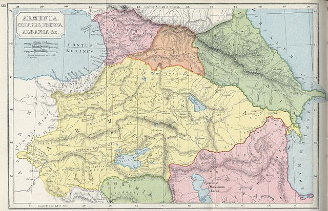 آلبانی (با رنگ سبز مشخص شده)، ارمنستان، ایبریا، کلخیس در آغاز پس از میلاد. ه.