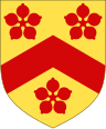 Arms of Chichele: Or, a chevron between three cinquefoils gules Arms of Chichele.svg