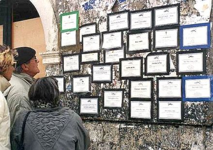 People observing new death notifications on a wall in Dubrovnik during the siege, December 1991