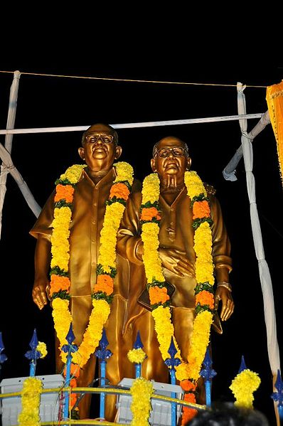 Bapu & Ramana gari statue on the banks of River Godavari during Pushkaram.