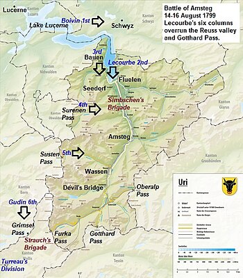 Este mapa fue creado a partir de "Reliefkarte Uri.png". Las posiciones de los ejércitos francés y austriaco se agregaron al mapa.