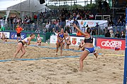 Deutsch: Beachhandball Europameisterschaften 2019 (Beach handball Euro); Tag 5: 6. Juli 2019 – Frauen, Halbfinale, Ungarn-Niederlande 2:0 (19:16, 15:12) English: Beach handball Euro; Day 5: 6 July 2019 – Semifinal Women – Hungary-Netherlands 2:0 (19:16, 15:12)