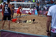 Deutsch: Beachhandball bei den Olympischen Jugendspielen 2018; Tag 7, 13. Oktober 2018; Jungen, Spiel um Platz Drei– Argentinien-Kroatien 2:0 English: Beach handball at the 2018 Summer Youth Olympics at 13 October 2018 – Boys Bronze Medal Match – Argentina-Croatia 2:0