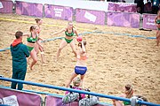 Deutsch: Beachhandball bei den Olympischen Jugendspielen 2018; Tag 6, 12. Oktober 2018; Mädchen, Hauptrundenspiel – Ungarn-Niederlande 2:1 English: Beach handball at the 2018 Summer Youth Olympics at 12 October 2018 – Girls Main Round – Hungary-Netherlands 2:1