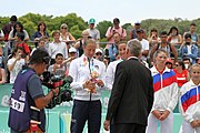 Deutsch: Beachvolleyball bei den Olympischen Jugendspielen 2018; Tag 11, 17. Oktober 2018; Mädchen, Medaillenzeremonie - Gold: Russland (Maria Woronina & Maria Botscharow), Silber: Italien (Claudia Scampoli & Nicol Bertozzi), Bronze: Norwegen (Emilie Olimstad & Frida Berntsen) English: Beach volleyball at the 2018 Summer Youth Olympics at 17 October 2018 – Girls Victory ceremony - Gold: Russia (Maria Voronina & Maria Bocharov), Silber: Italy (Claudia Scampoli & Nicol Bertozzi), Bronze: Norway (Emilie Olimstad & Frida Berntsen)