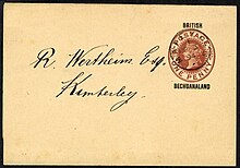 British Bechuanaland 1d Newspaper wrapper used 3 March 1894 at Mafeking to Kimberley - the newspaper rate at the time was 1/2 d. Bechuanaland 1888 wrapper.jpg