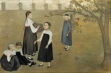 Tableau représentant un groupe d'enfants dans une prairie. Une fille joue de la musique, à côté de deux autres assises. Une autre fille marche et semble chanter. Un garçon les regarde, à l'écart. Deux enfants s'en vont au loin.