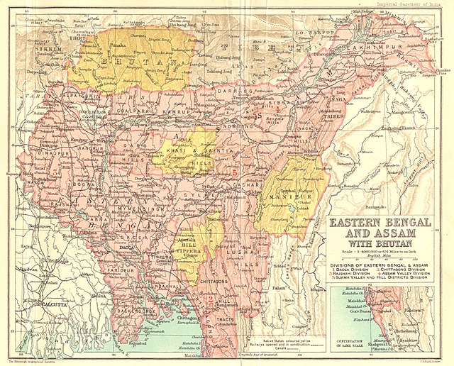 1907년 히키의 벵골 가제트에 실린 마니푸르의 강역이 포함된 지도.