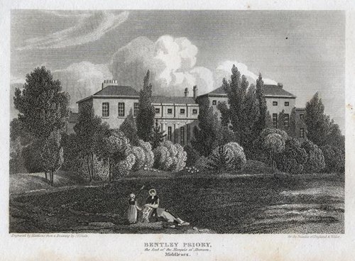 A print by an unknown artist of Bentley Priory House, Stanmore, England c1800.