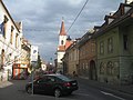 Strada Mitropoliei din Sibiu. Biserica reformată văzută dinspre Catedrala Ortodoxă.