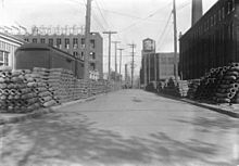 Bombs stored on Liberty Street, looking east from Dufferin Street during the First World War. Industry flourished in the area during the early 20th century.