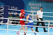 Deutsch: Boxen bei den Olympischen Jugendspielen 2018 Tag 12, 18. Oktober 2018 - Kampf um die Bronzemedaille im Fliegengewicht Mädchen – Heaven Destiny Garcia (USA, blau) schlägt Goryanana Stoeva (Bulgarien, rot) 5-0; Ringrichter ist Ishanguly Meretnyyazov (Turkmenistan). English: Boxing at the 2018 Summer Youth Olympics on 18 October 2018 – Girl's flyweight Bronze Medal Bout - Heaven Destiny Garcia (USA, blue) beats Goryanana Stoeva (Bulgaria, red) 5-0; Referee is Ishanguly Meretnyyazov (Turkmenistan). Español: Boxeo en los Juegos Olímpicos Juveniles de Verano de 2018 en 18 de octubre de 2018 - Combate a medalla de bronce de peso mosca para mujeres: Heaven Destiny Garcia (Estados Unidos, azul) le gana a Goryanana Stoeva (Bulgaria, roja) 5-0; El árbitro es Ishanguly Meretnyyazov (Turkmenistán).