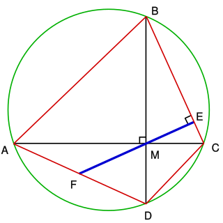 Brahmagupta theorem Theorem in geometry that a perpendicular to one side of an orthodiagonal quadrilateral, through the point of intersection of the diagonals, bisects the opposite side