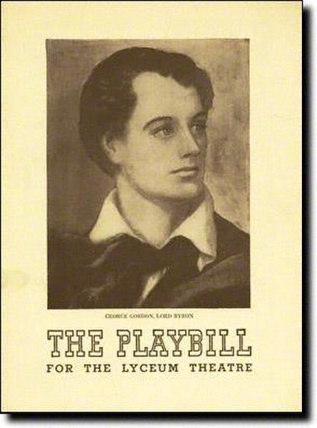 Playbill for "Bright Rebel" at the Lyceum Theatre, Broadway, December 1938, featuring an image of Lord Byron