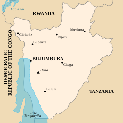 ブルンジ共和国内のブジュンブラの位置。 図内のBUJUMBURAと書かれている場所。の位置図