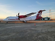 A Canadian North ATR 42-500 aircraft overnighting at Cambridge Bay Airport, July 2021 C-FTIQ AT42-500 Canadian North 03.jpg