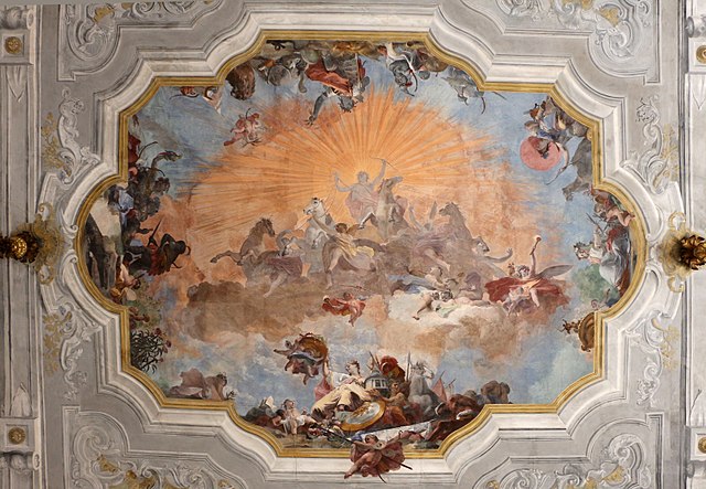 Image: Ca' rezzonico, salone da ballo, quadrature di pietro visconti e affreschi di g.b. crosato (caduta di febo e 4 continenti), 1753, 02