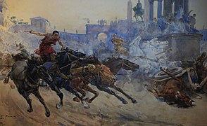 « Course de chars romains », Ulpiano Checa y Sanz, 1890 : les chars négocient le virage près d'une meta.