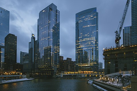 Chicago at Dusk with the 150 North Riverside and the 333 West Wacker Towers