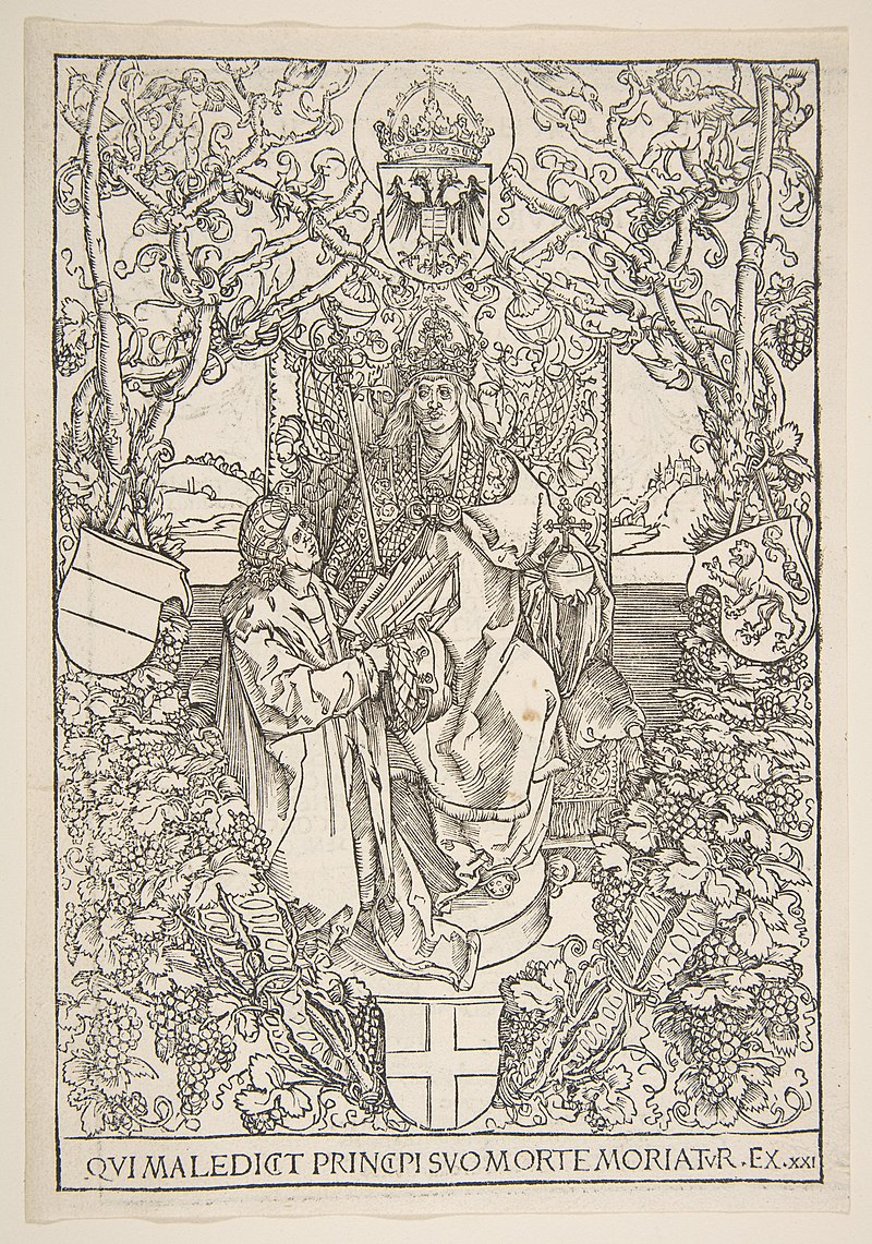 Albrecht Dürer, Conrad Celtis ofiarowujący swoją książkę "Quatuor Libri Amorum" Maksymilianowi I, 1502, drzeworyt 