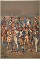 A group of about a dozen men is shown standing about. Each wears a different style of uniform, varying the hat, color of the jacket and its facing, color and cut of the waistcoat, color of the pants, and style of footwear. One man wears ranger garb, consisting of leather tunic, pants, and moccasins.