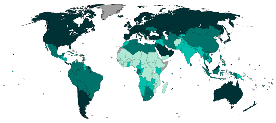 Peta dunia berdasarkan Indeks Pembangunan Manusia (data 2019, dipublikasikan pada 2020).       0.800–1.000 (sangat tinggi)   0.700–0.799 (tinggi)   0.550–0.699 (sedang)     0.350–0.549 (rendah)   Data tidak tersedia